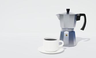 moka portatile per caffè espresso. caffettiera in alluminio. utilizzare con fornelli a gas o fornelli magnetici. sfondo bianco e carta da parati. caffè nero in tazza bianca. rendering 3D. foto