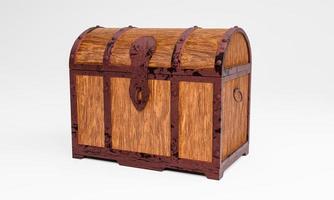 il vecchio scrigno del tesoro in legno ha una struttura in metallo arrugginito. scatola di legno marrone con struttura in metallo e perni di ferro arrugginiti posizionati su uno sfondo bianco. rendering 3D foto