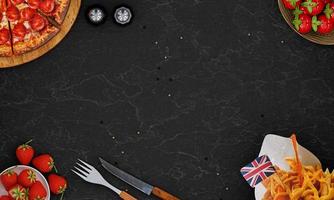 tavolo con motivi in marmo scuro c'è pizza sul tagliere di legno e patatine fritte condite con salsa al burro. fragole rosse fresche e pomodori nel cestino. rendering 3D foto