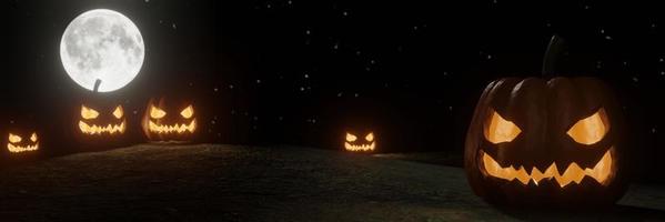 zucca di halloween. il volto del demone aveva una luce dall'interno. luna piena e molte stelle sfondo nero e la luce che risplende dal retro. rendering 3D foto