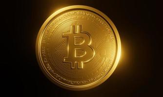 monete bitcoin. la moneta d'oro ha una criptovaluta o un simbolo di scambio. criptovalute per il trading nel mondo degli affari e della tecnologia. la luce dorata viene riflessa dalla moneta su uno sfondo nero. rendering 3D foto