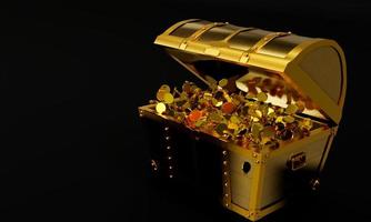 molti distribuiscono monete d'oro volate dallo scrigno del tesoro. uno scrigno d'oro, lussuoso, costoso. un antico scrigno del tesoro aperto con monete d'oro espulse. rendering 3D. foto