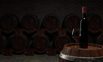 bottiglia di vino rosso e vetro trasparente con vino rosso messo su un serbatoio di fermentazione del vino con molti serbatoi di fermentazione del vino posti vicino al muro di mattoni rossi. rendering 3D foto