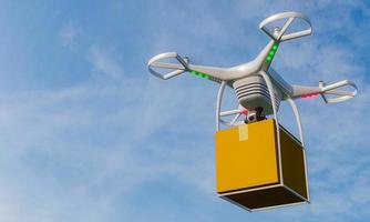 servizio di consegna pacchi con drone. tecnologia di consegna con un drone nel cielo. le scatole vengono consegnate tramite acquisti online durante il blocco o il lavoro da casa focolaio del virus covid-19. rendering 3D. foto