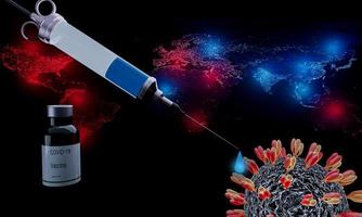 vaccino contro la malattia del coronavirus covid-19 in siringhe e flaconi vintage, il modello di virus nel concetto ha uno sfondo, una mappa del mondo e un punto rosso che mostra l'area infetta. il blu mostra il trattamento. rendering 3D foto