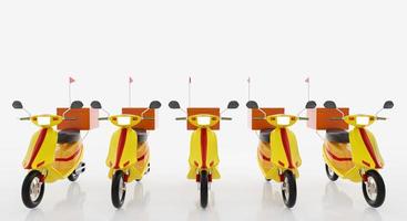 modello di motocicletta giallo con scatola arancione e frammento rosso per la consegna di cibo concettuale. isolato su sfondo bianco e carta da parati. rendering 3D. foto