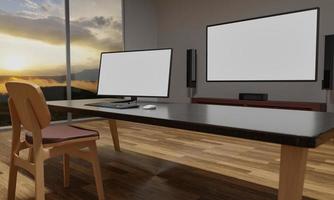 monitor tv schermo bianco vuoto e altoparlanti home theater computer desktop lo schermo è bianco vuoto. il pavimento è in parquet e finestre in vetro con vista sulle montagne e luce solare mattutina. Rendering 3d foto