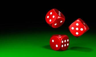i dadi rossi a forma di cerchio cadono sul tavolo di feltro verde. il concetto di gioco d'azzardo con dadi nei casinò. rendering 3D foto