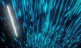 luce blu con aspetto luminoso come polvere di stelle o meteore e strisce che si muovono velocemente su sfondo scuro per il cyber spazio e il concetto di movimento iperspaziale. rendering 3D. foto