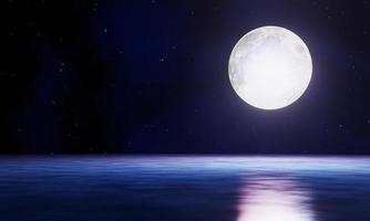 la luna piena blu si riflette nel mare. un'ondata d'acqua dall'oceano all'isola. il cielo ha molte stelle. increspature del mare di notte. rendering 3D foto