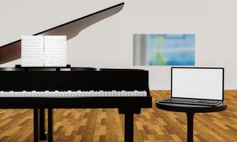 impara il pianoforte online da solo. usa un tablet o un computer per imparare i tutorial di pianoforte online. il pianoforte a coda nero ha un tablet posizionato su un supporto per notebook. rendering 3D. foto