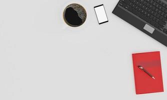 computer portatile nero, tazza di caffè nero, libro rosso e smartphone su sfondo bianco e carta da parati. vista dall'alto con spazio per la copia, disposizione piatta. rendering 3D. foto