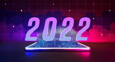 2022 tendenza metaverse nft del nuovo anno con ologramma della città in tema cyberpunk. foto