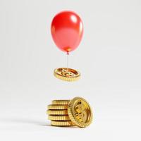 moneta d'oro che vola dal mucchio di monete con palloncino rosso per denaro e inflazione economica dopo il concetto di pandemia covid-19 con rendering 3d. foto