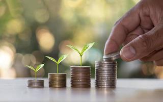 pila di monete con piccoli alberi che crescono su monete e mani che tengono monete, concetto di crescita del denaro ed economia in crescita.