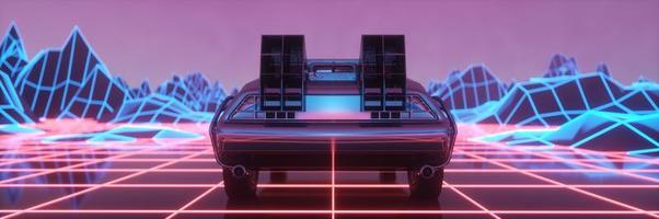 auto in stile neon cyberpunk. Sfondo retrowave anni '80. guida di auto futuristica retrò attraverso la città al neon. illustrazione 3d foto