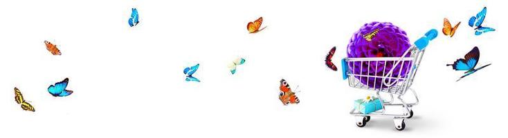 mini carrello con fiori colorati e farfalle. foto