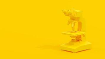 microscopio giallo su sfondo giallo. spazio per banner e logo. concetto di idea minima, rendering 3d. foto