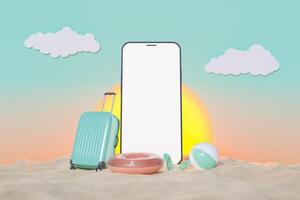 mockup di telefono cellulare con valigia e accessori da spiaggia foto