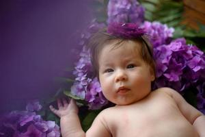 ritratto di una bambina carina. il bambino giace nei colori dell'ortensia viola foto