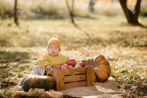 bambina sveglia che si siede sulla zucca e che gioca nella foresta di autunno foto