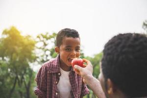 il padre dà una mela rossa a suo figlio, il papà afroamericano ha consegnato una mela a suo figlio, la famiglia della felicità nei concetti del parco foto