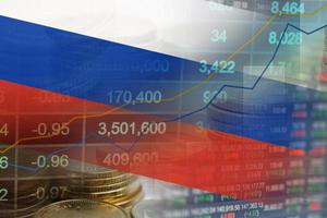 mercato azionario di investimento finanziario, moneta e bandiera della russia o forex per analizzare lo sfondo dei dati di tendenza delle attività di finanza di profitto. foto