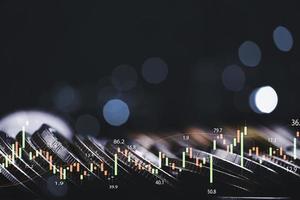 impilamento di monete con grafico tecnico del mercato azionario per il concetto di analisi degli investitori trader. foto