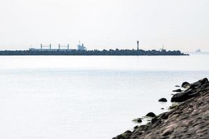 paesaggio marino con navi da carico all'orizzonte. costa nella baia. le navi trasportano container, pescano e parcheggiano. foto