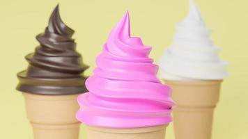 primo piano gelato soft ai gusti di fragola, vaniglia e cioccolato su cono croccante su sfondo giallo.,Modello 3d e illustrazione.