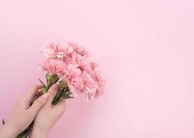 donna che dà mazzo di eleganza fiore rosa baby garofani teneri isolati su sfondo rosa pallido, concetto di design di arredamento per la festa della mamma, vista dall'alto, primo piano, spazio di copia foto