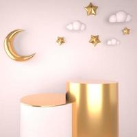 modello di saluto del ramadan kareem con la luna. podio, stare in vacanza sfondo chiaro per prodotti pubblicitari - 3d rendering illustrazione per carte, saluti. foto