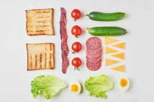 ingredienti sandwich su sfondo bianco, vista dall'alto foto