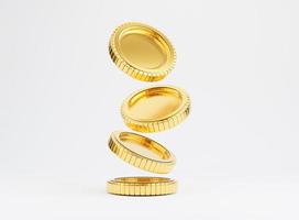 l'isolato di monete d'oro cade e si impila su sfondo bianco per gli investimenti aziendali e il concetto di cambio valuta con rendering 3d. foto