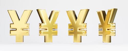 isolare di yuan dorato o yen segno in una vista diversa su sfondo bianco con rendering 3d. foto