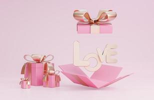 banner di buon San Valentino con confezione regalo rosa aperta e romantiche decorazioni di San Valentino su sfondo rosa.,Modello 3d e illustrazione. foto