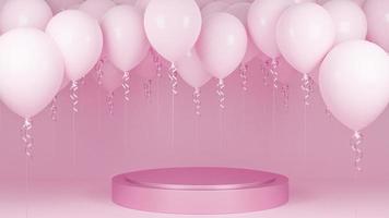 palloncini rosa galleggianti con podio su sfondo rosa pastello., festa di compleanno e concetto di nuovo anno., modello 3d e illustrazione. foto