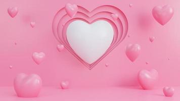 carta da parati felice di san valentino in stile carta con molti cuori oggetti 3d su sfondo rosa., modello 3d e illustrazione.