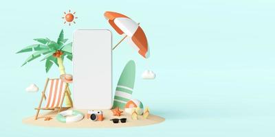 concetto di vacanza estiva, smartphone mockup sulla spiaggia con accessori da spiaggia, hotel resort ristorante biglietto prenotazione tour prenotazione app su smartphone, illustrazione 3d foto