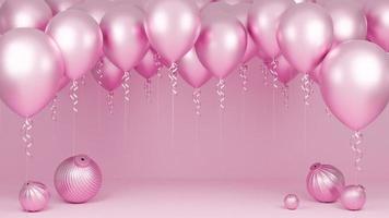 palloncini rosa galleggianti con podio e ornamento su sfondo rosa pastello., festa di compleanno e concetto di nuovo anno., modello 3d e illustrazione. foto
