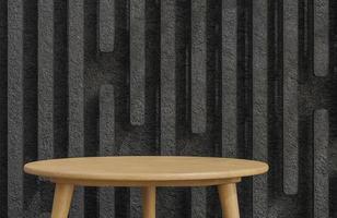 podio da tavolo in legno per la presentazione del prodotto su sfondo nero muro di cemento in stile minimalista.,Modello 3d e illustrazione. foto