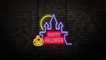 emblema del segno di halloween in stile neon su sfondo muro di mattoni foto