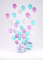 3d rendering palloncino blu rosa galleggiante dalla confezione regalo su sfondo concetto di rivelazione di genere, matrimonio, compleanno, modello di biglietto d'invito per feste. foto