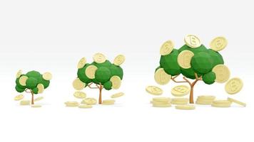 Concetto di rendering 3d di criptovaluta di denaro. monete bitcoin sull'albero dei soldi sullo sfondo. rendering 3d. illustrazione 3d. stile idea minimale. foto