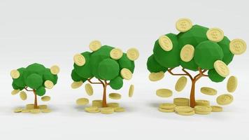 Concetto di rendering 3d di investimento di denaro. alberi con monete che cadono lungo la linea da piccolo a grande sullo sfondo. minimo. rendering 3d. foto