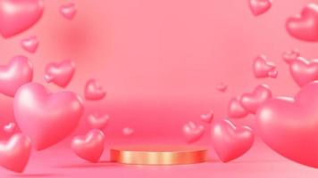 podio del cerchio dorato per la presentazione del prodotto con molti cuori oggetti 3d su sfondo rosa.,Modello 3d e illustrazione. foto