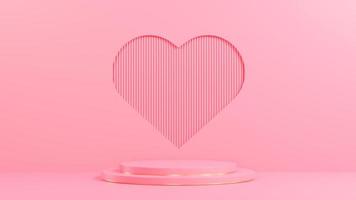 podio cerchio rosa per la presentazione del prodotto su muro di assicella rosa a forma di cuore foro sfondo stile minimale.,Modello 3d e illustrazione. foto