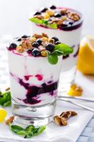 dessert alla crema con frutti di bosco, marmellata di ribes nero e noci decorato con foglie di menta foto