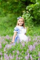 ritratto di una bambina carina vestita da alice. servizio fotografico stilizzato in natura. foto