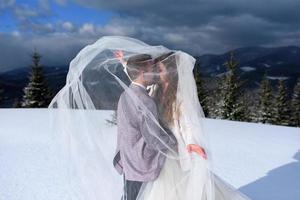 lo sposo conduce la sua sposa per mano a un vecchio faggio solitario. matrimonio invernale. posto per un logo. foto